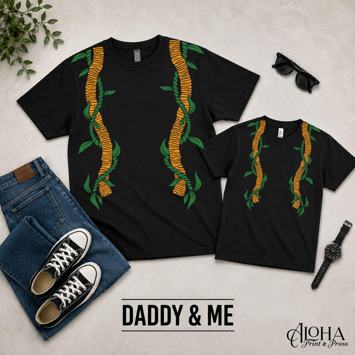 Ti Leaf and Ilima Daddy and Me matching shirts in black