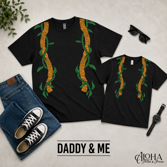 Ti Leaf and Ilima Daddy and Me matching shirts in black