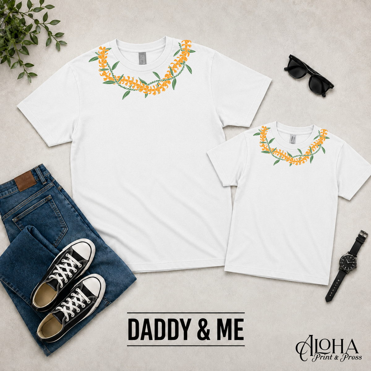 Ti Leaf and Puakenikeni Daddy and Me matching lei shirts in white