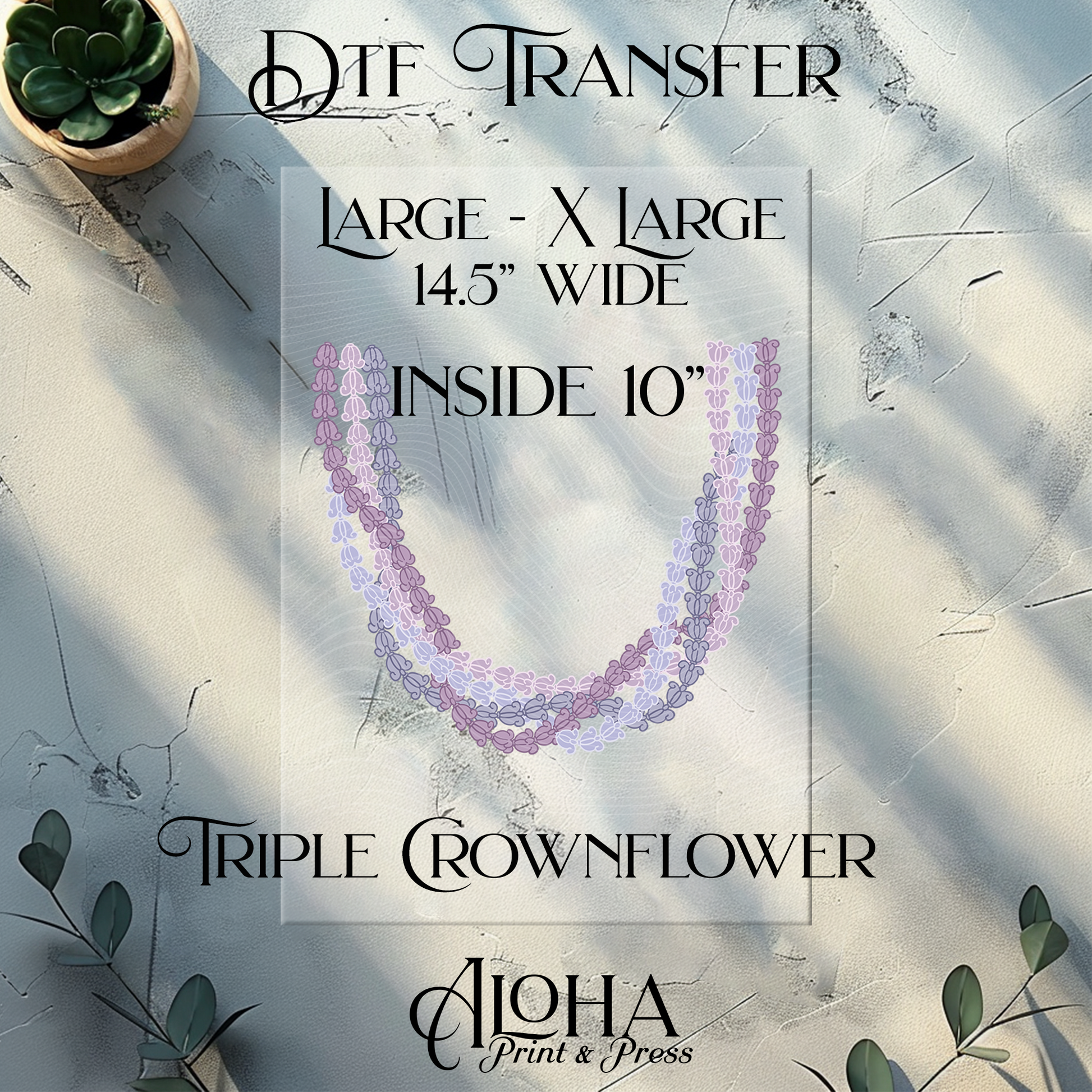 Triple Crownflower DTF transfer large XL Hawaiian floral lei shirt heat transfer design