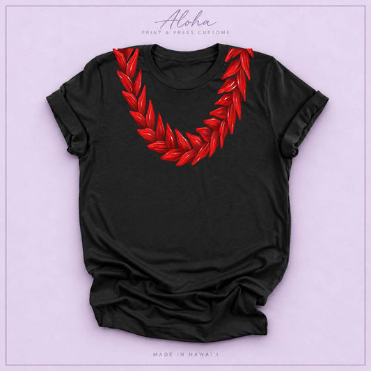Black T-shirt featuring a red Ula Fala-inspired lei design