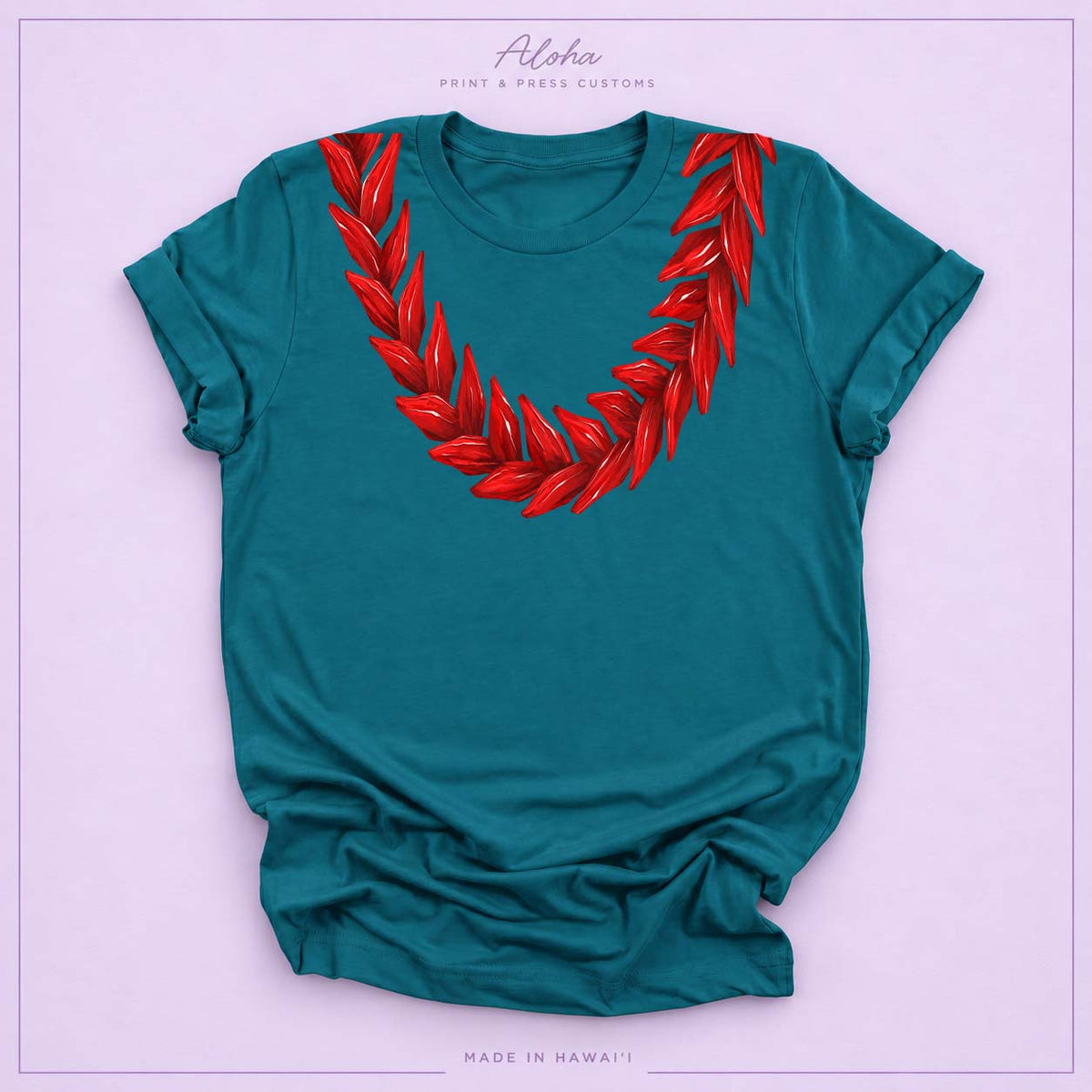 Deep teal T-shirt featuring a red Ula Fala-inspired lei design