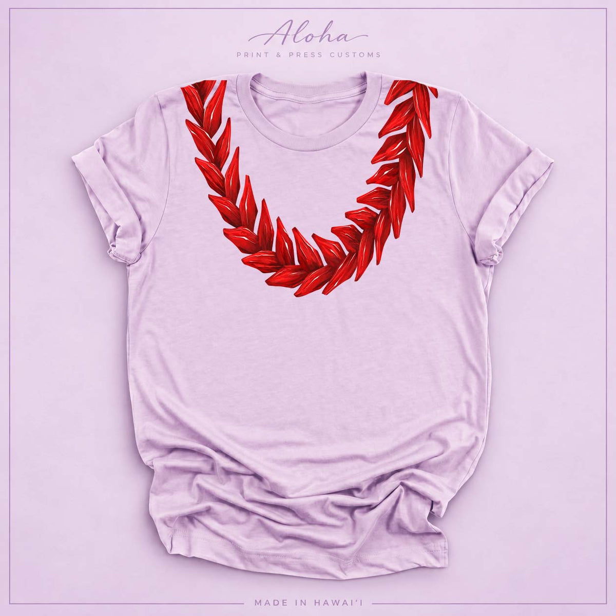 Lilac T-shirt featuring a red Ula Fala-inspired lei design