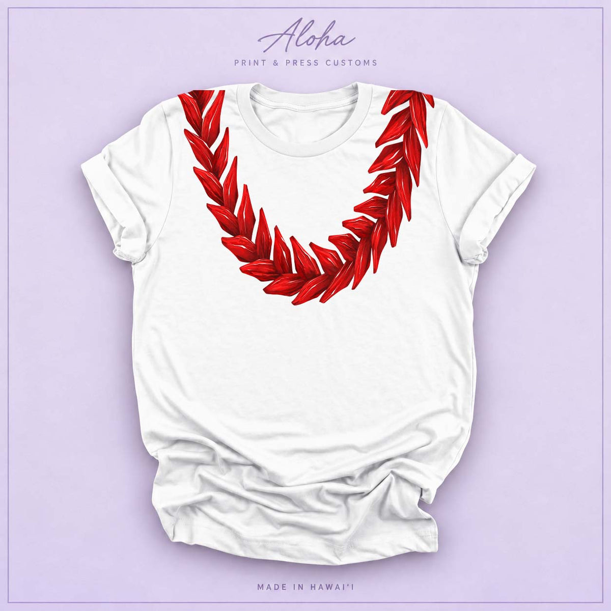 White T-shirt featuring a red Ula Fala-inspired lei design
