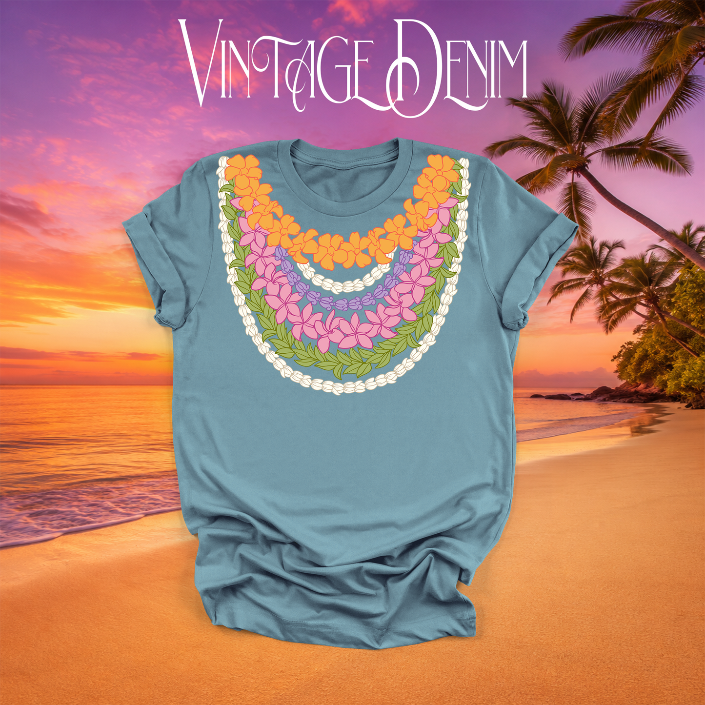 Multi-Strand Hawaiian Lei T-Shirt in Vintage Denim