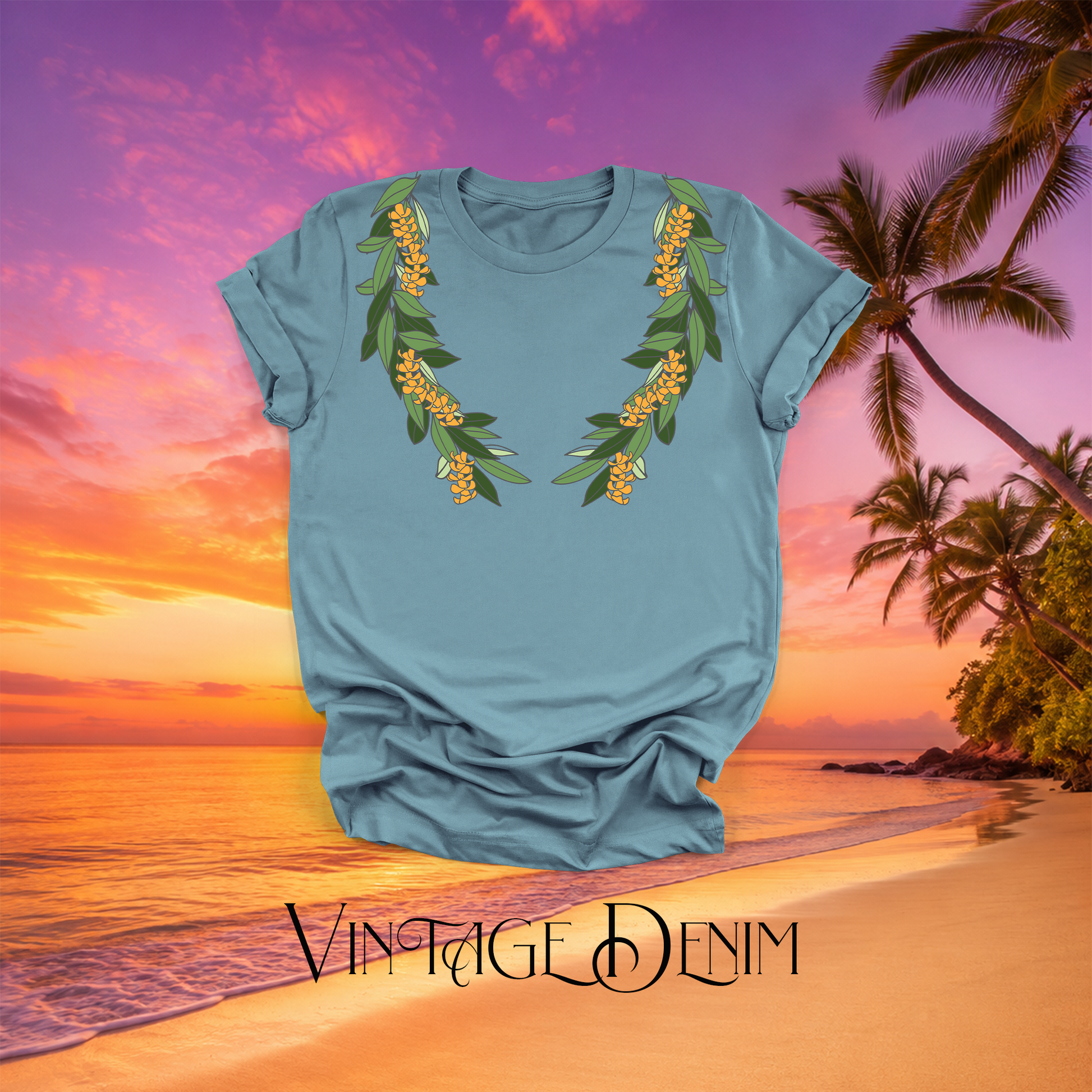 Vintage Denim Maile and Puakenikeni Hawaiian floral lei t-shirt