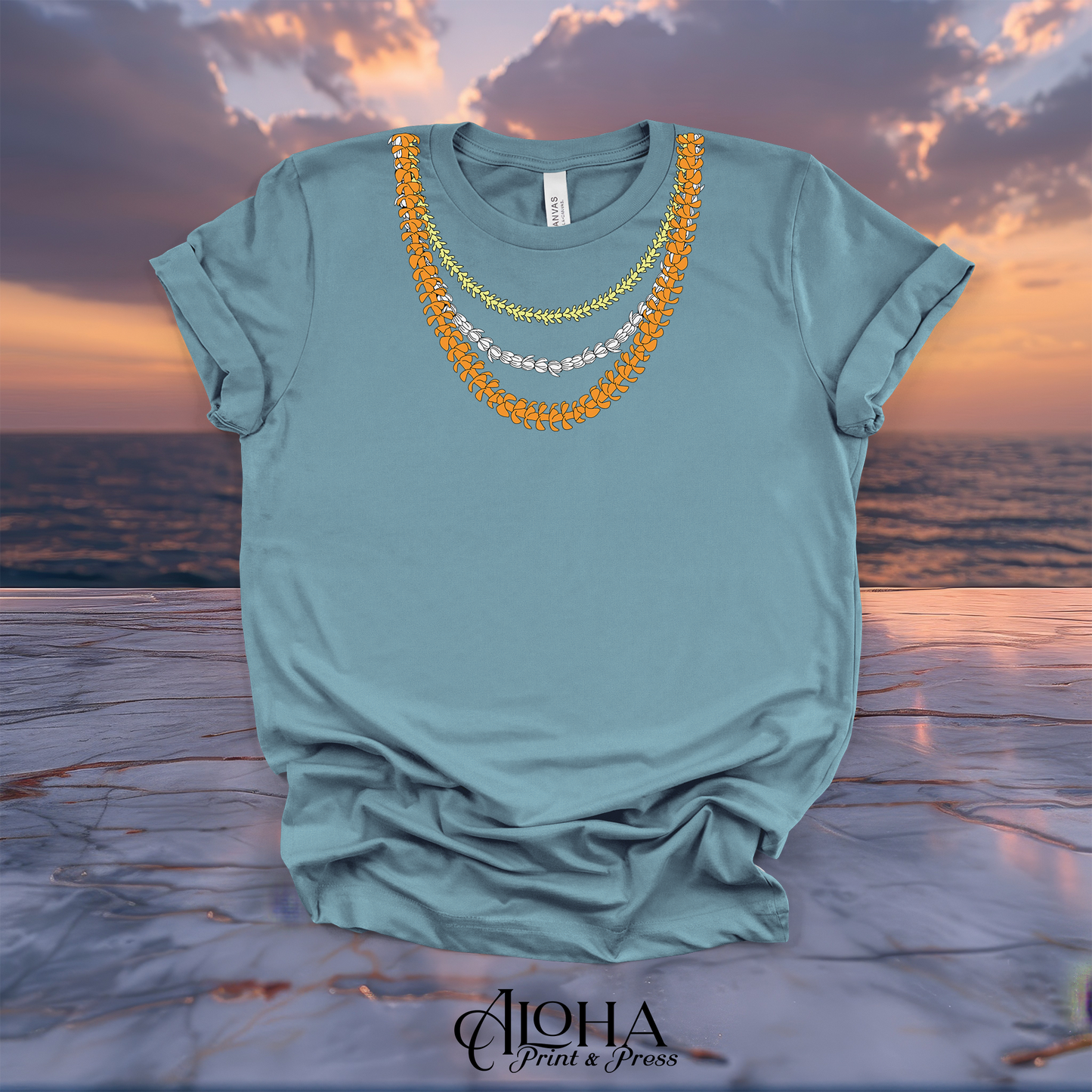 Vintage Denim blue graphic tee with a custom Hawaiian triple lei blossom necklace illustration.