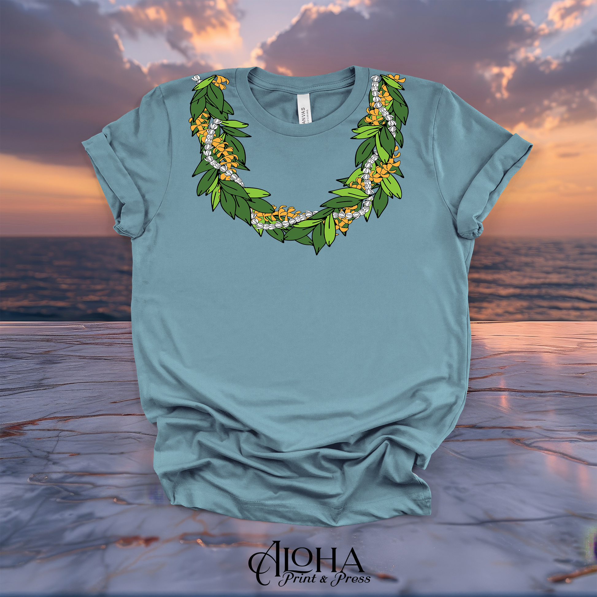 Vintage denim blue Hawaiian lei T-shirt with maile leaves, puakenikeni and pikake flower design