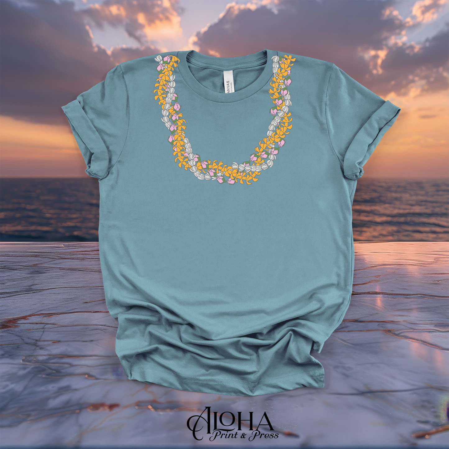 Vintage Denim blue t-shirt with a custom Hawaiian triple lei blossom necklace illustration.