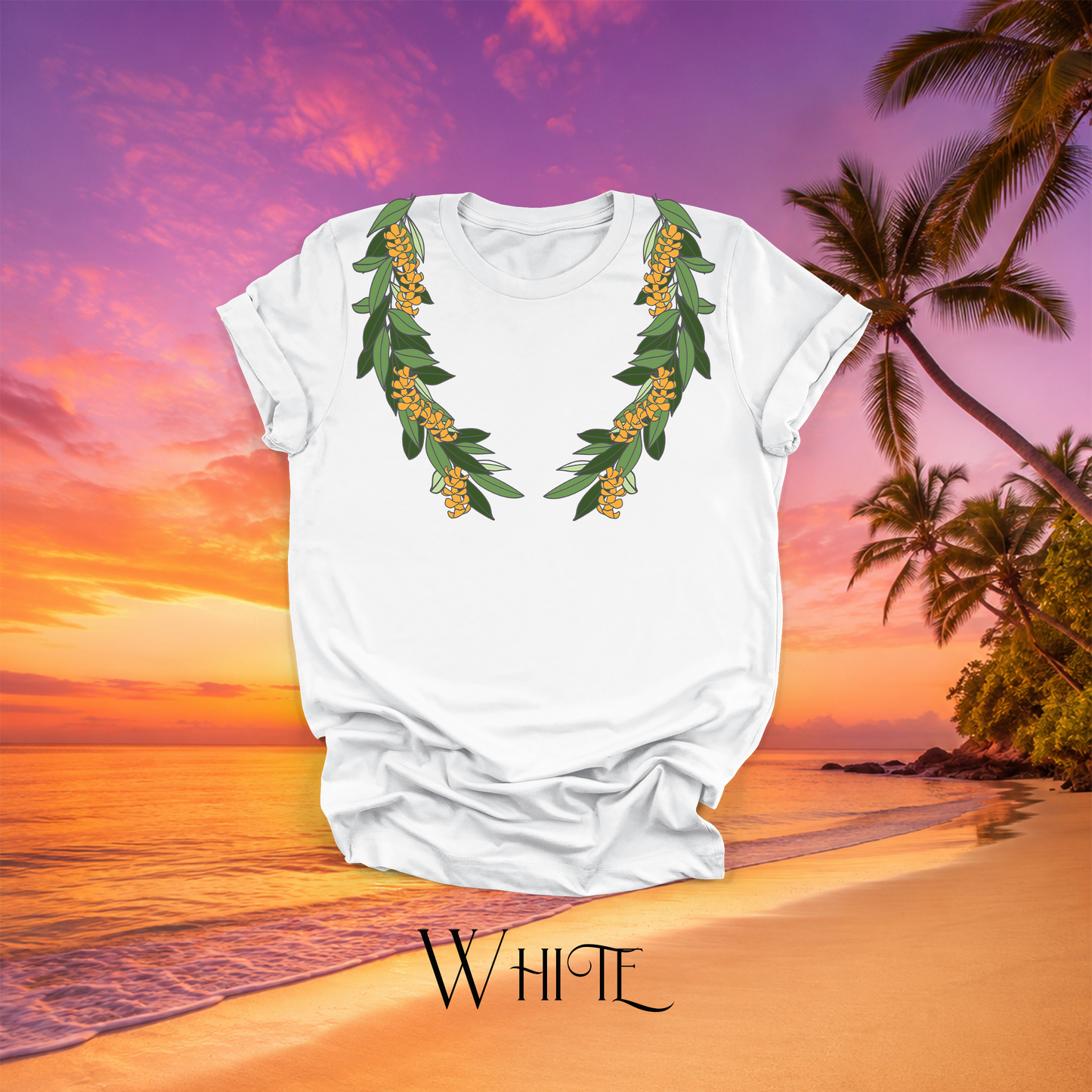 White Hawaiian Maile and Puakenikeni lei t-shirt by Aloha Print & Press Customs