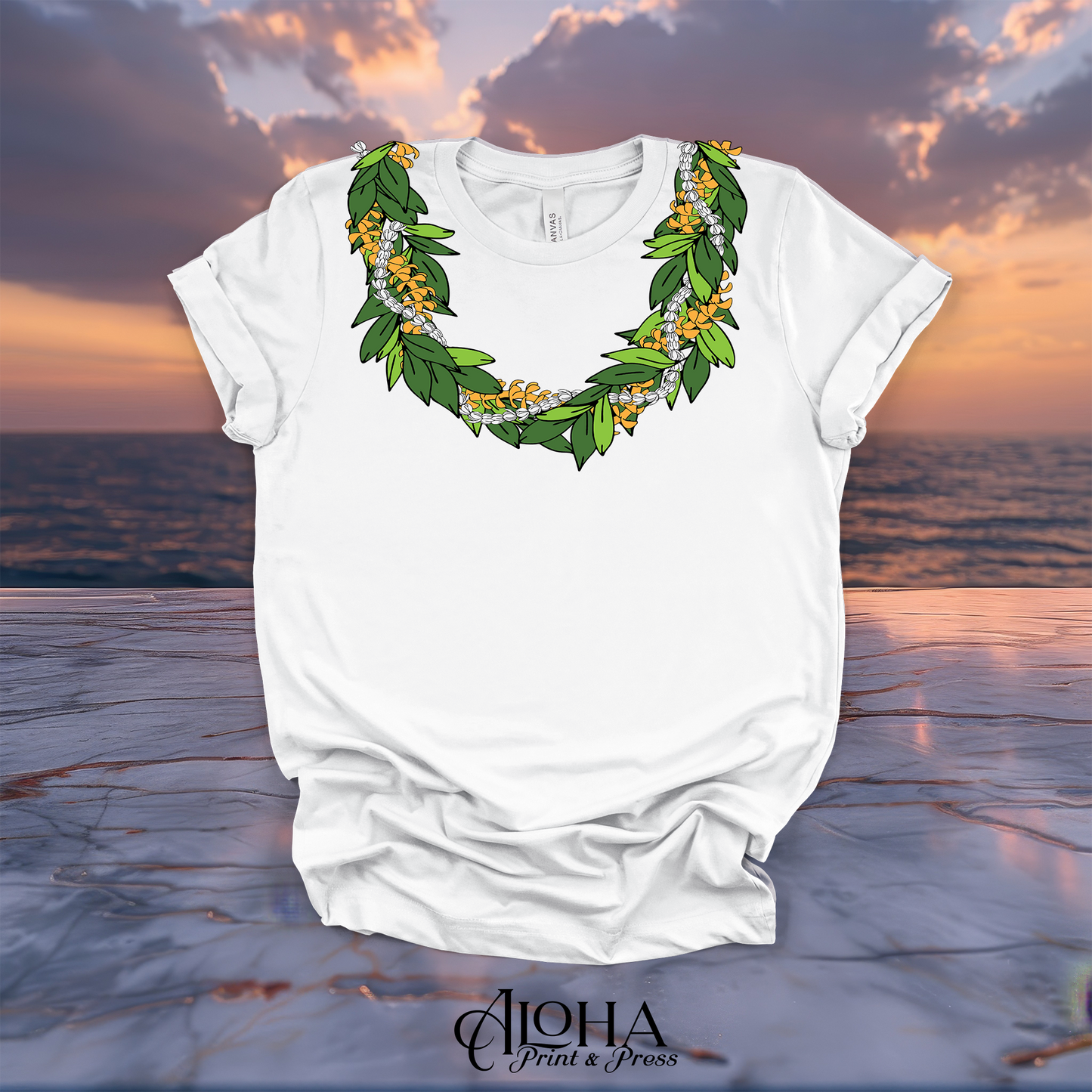 White Maile puakenikeni pikake lei T-shirt with a green, gold and white Hawaiian floral design