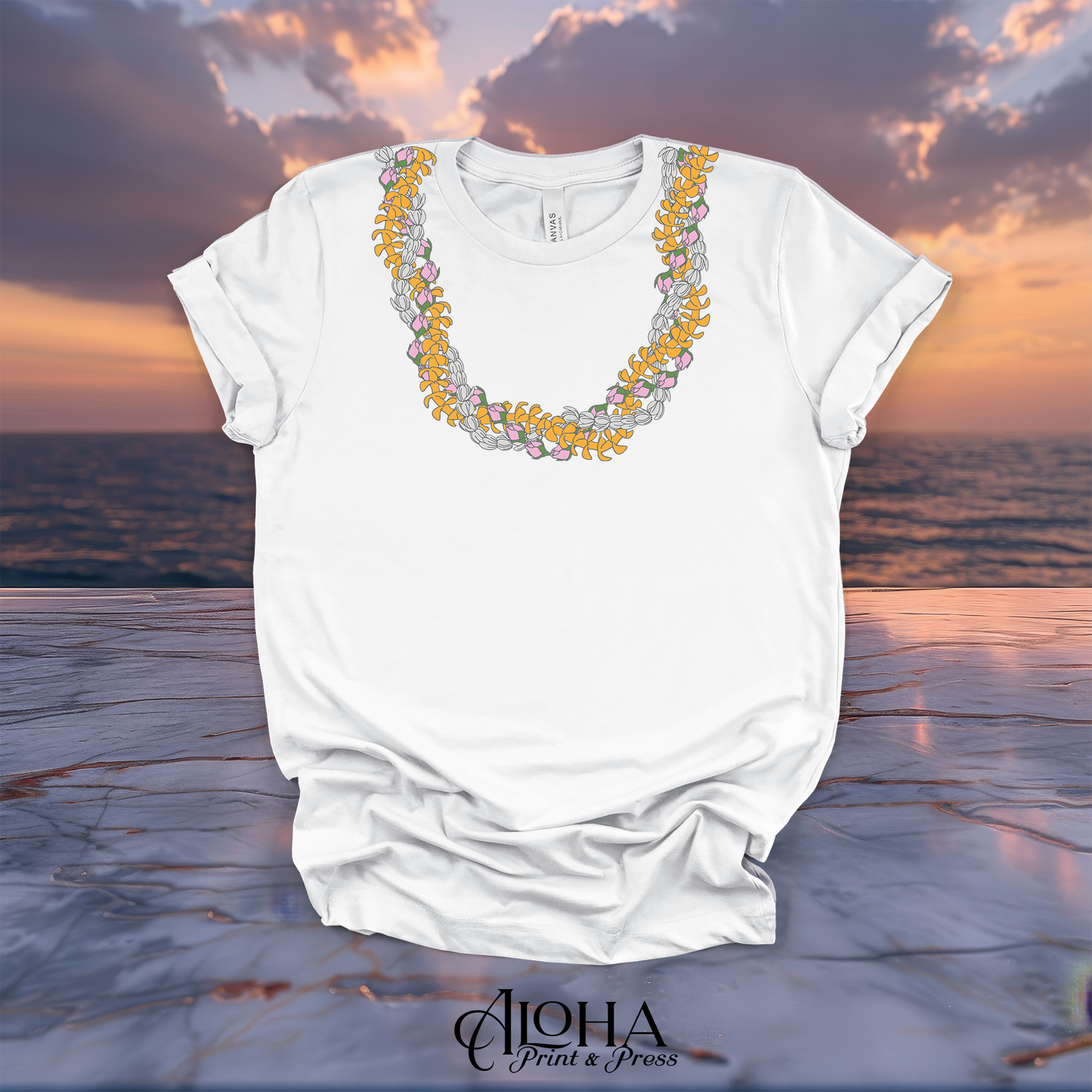 White premium graphic t-shirt featuring a highly detailed Hawaiian flower necklace collar print.