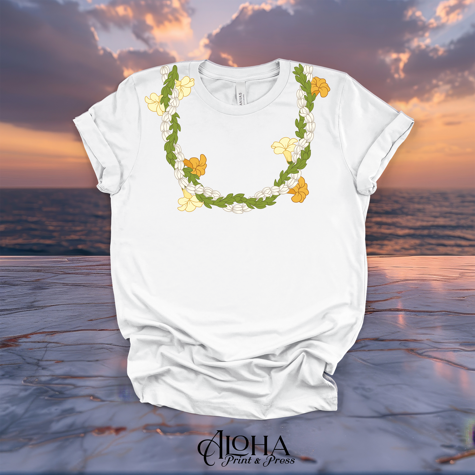 White premium pre-shrunk cotton tee featuring a vivid digital print of a Hawaiian Pikake, Pakalana, and Puakenikeni floral lei