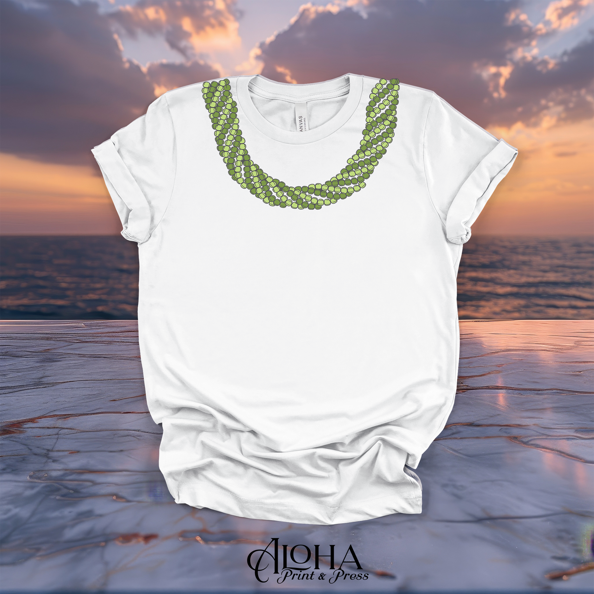 White Mokihana lei graphic T-shirt featuring a vibrant green Hawaiian lei neckline design