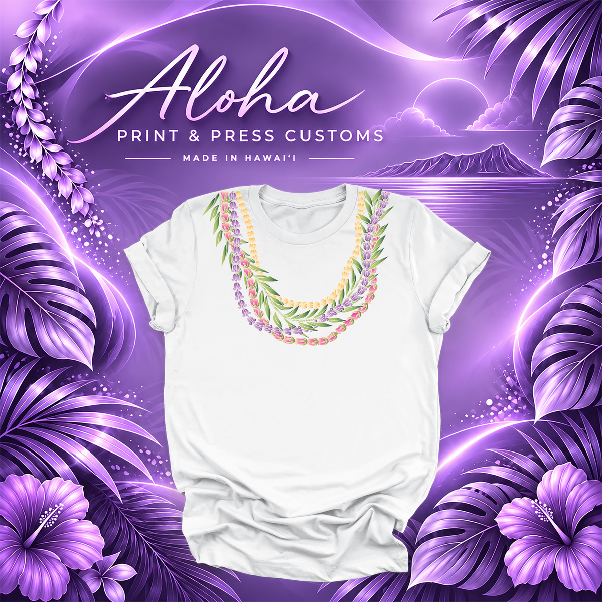 White Maile Lokelani Pikake Crown Flower lei T-shirt mockup