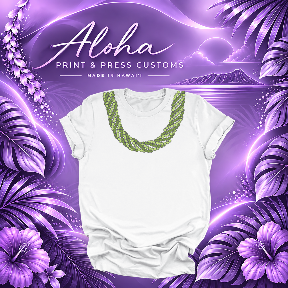 White T-shirt featuring a Mokihana lei design