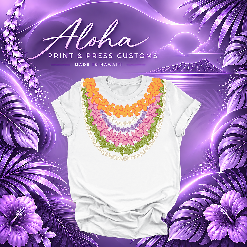 White T-shirt featuring a multi-strand Hawaiian lei design
