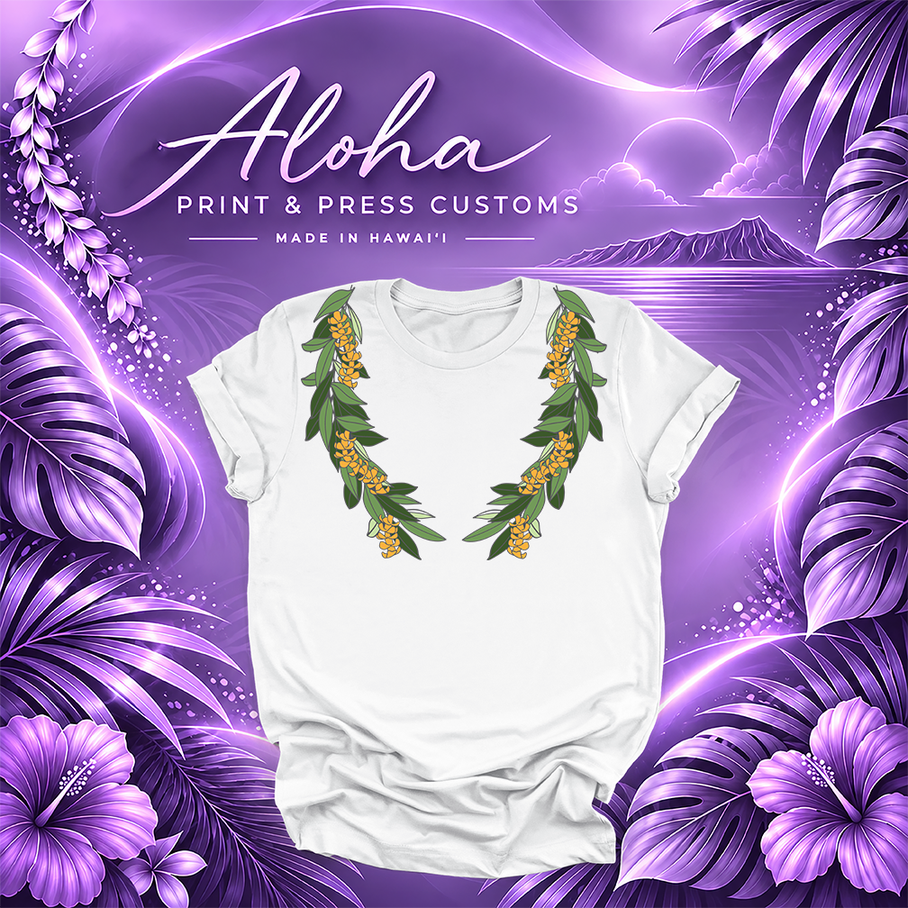 White T-shirt featuring a Maile and Puakenikeni lei design